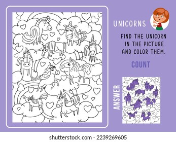 Find unicorns, color and count. Cute isolated horses in black outline on white background. Puzzle game for kids. Set of animals. Vector illustration.