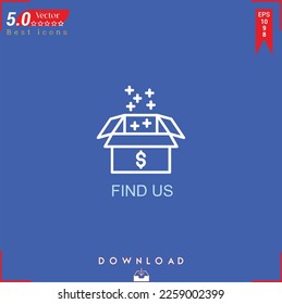 FIND US icon vector on blue background. Simple, isolated, flat icons, icons, apps, logos, website design or mobile apps for business marketing management,
UI UX design Editable stroke.EPS10