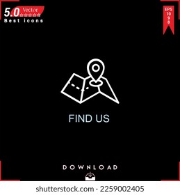 FIND US icon vector on black background. Simple, isolated, flat icons, icons, apps, logos, website design or mobile apps for business marketing management,
UI UX design Editable stroke.EPS10 