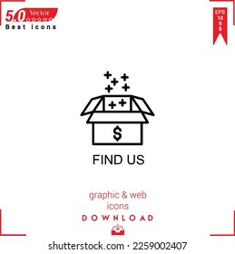 FIND US icon vector on white background. Simple, isolated, flat icons, icons, apps, logos, website design or mobile apps for business marketing management,
UI UX design Editable stroke.EPS10