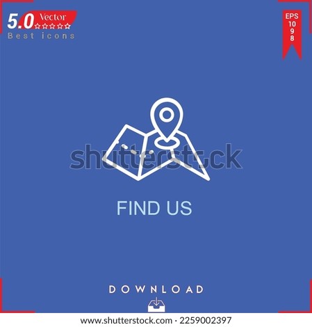 FIND US icon vector on blue background. Simple, isolated, flat icons, icons, apps, logos, website design or mobile apps for business marketing management,
UI UX design Editable stroke.EPS10