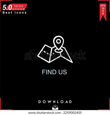 FIND US icon vector on black background. Simple, isolated, flat icons, icons, apps, logos, website design or mobile apps for business marketing management,
UI UX design Editable stroke.EPS10 