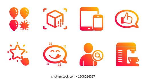 Find user, Balloon dart and Yummy smile line icons set. Mobile devices, Augmented reality and Feedback signs. Ranking star, Coffee machine symbols. Search person, Attraction park. Vector