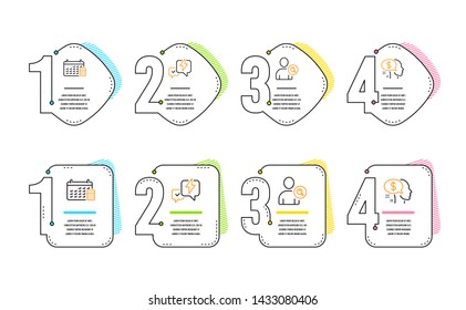 Find user, Calendar and Lightning bolt icons simple set. Pay sign. Search person, Calculator device, Messenger. Beggar. Business set. Infographic timeline. Line find user icon. 4 options or steps