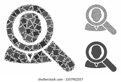 Find user composition of rugged pieces in different sizes and shades, based on find user icon. Vector unequal pieces are combined into composition. Find user icons collage with dotted pattern.