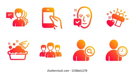 Find user, Face accepted and Love gift line icons set. Group, Hand washing and Hold smartphone signs. People, Time management symbols. Search person, Access granted. People set. Vector