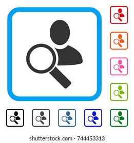 Find User icon. Flat grey pictogram symbol inside a blue rounded square. Black, gray, green, blue, red, orange color variants of Find User vector. Designed for web and app user interface.