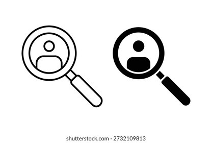 Find User Icon Set. Search profile with magnifying glass in line and solid style vector illustration