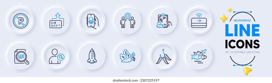 Find user, Maggots and Prescription drugs line icons for web app. Pack of Employees teamwork, Delivery app, Card pictogram icons. Check article, Fish school, Rocket signs. Vegetables. Vector