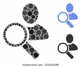 Find user mosaic of circle elements in different sizes and color tints, based on find user icon. Vector circle elements are organized into blue mosaic.
