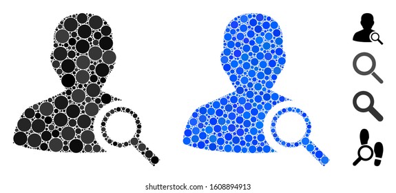 Find user mosaic of circle elements in variable sizes and color tints, based on find user icon. Vector circle elements are combined into blue mosaic. Dotted find user icon in usual and blue versions.