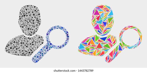 Find user mosaic icon of triangle elements which have variable sizes and shapes and colors. Geometric abstract vector design concept of find user.