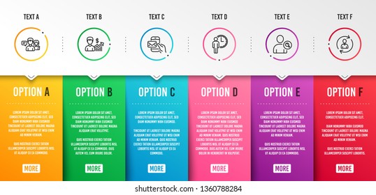 Find user, People talking and Waiting icons simple set. Business growth, Messenger mail and Person info signs. Search person, Contact service. People set. Infographic template. 6 steps timeline