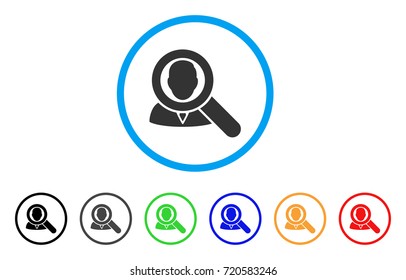 Find User rounded icon. Style is a flat find user grey symbol inside light blue circle with black, gray, green, blue, red, orange versions. Vector designed for web and software interfaces.