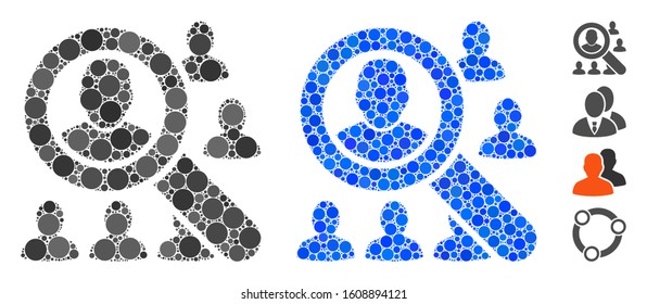 Find users composition of round dots in various sizes and color tinges, based on find users icon. Vector round dots are composed into blue composition.
