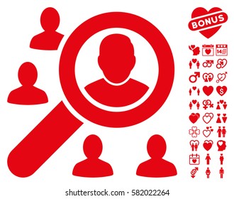 Find Users pictograph with bonus decorative images. Vector illustration style is flat iconic red symbols on white background.