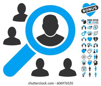 Find Users pictograph with bonus romantic symbols. Vector illustration style is flat iconic blue and gray symbols on white background.