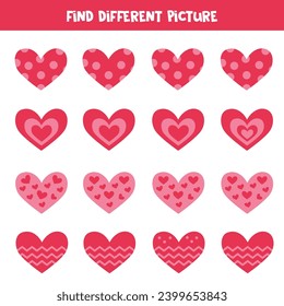 Find valentine heart which is different from others. Worksheet for kids.