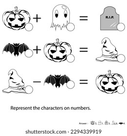 Find a value of each halloween character in mathematics logic for children