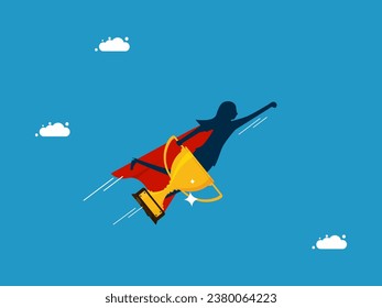 Find victory in yourself. Businesswoman hero holding a trophy soaring in the sky