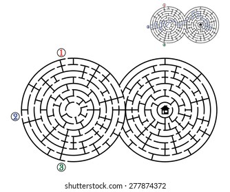 Find way across labyrinth to the home. Three entrances and only one correct path. Vector illustration.