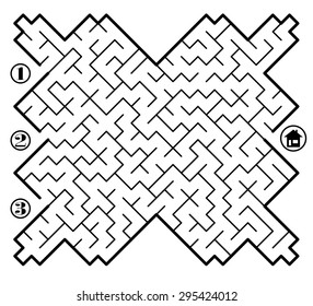Find way across labyrinth to the home. Three entrances and only one correct path. Vector illustration on white background.