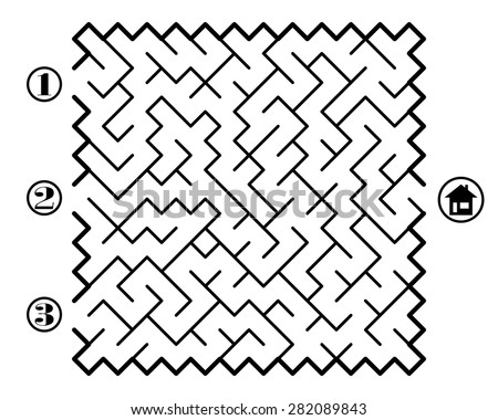 Find way across labyrinth to the home. Three entrances and only one correct path. Vector illustration on white background.