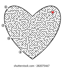 Finden Sie Weg über Labyrinth bis zum roten Herz. Vier Eingänge und nur ein richtiger Weg.Vektorgrafik auf weißem Hintergrund.