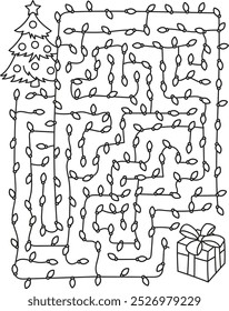 Find the way to the christmas tree. Coloring page outline of the cartoon labyrinth. Colorful vector illustration of educational maze game for preschool children, winters coloring book for kids.