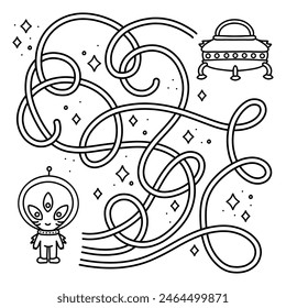 Find a way from cute alien to the spacecraft. Simple maze game. Black and white ready to print worksheet for preschool fun activity. Outlined vector illustration for kids.