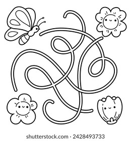 Find a way from cute butterfly to flower. Simple maze game. Black and white ready to print worksheet for preschool fun activity. Outlined vector illustration for kids.