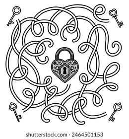 Find a way from cute keys to the lock. Simple maze game. Black and white ready to print worksheet for preschool fun activity. Outlined vector illustration for kids.