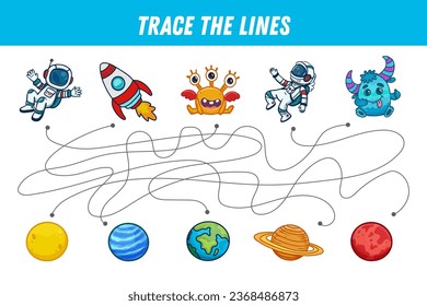 Find the way. Cute monsters and planets. Cartoon astronaut and rocket. Space elements. Educational game for preschool kids. Activity page. Vector