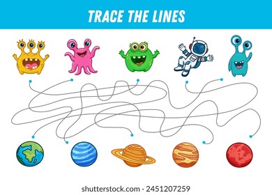 Encuentra el camino. Lindos monstruos y planetas. Elementos espaciales. Juego educativo para niños en edad preescolar. Página de actividad. Vector