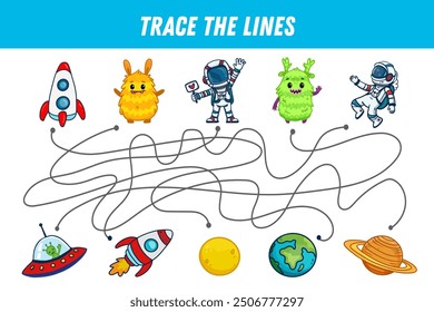 Find the way. Cute monsters and planets. Cartoon astronaut and rocket. Space elements. Educational game for preschool kids. Activity page. Vector