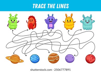 Find the way. Cute monsters and planets. Space elements. Educational game for preschool kids. Activity page. Vector