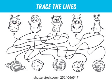 Find the way. Cute monsters and planets. Space elements. Educational game for preschool kids. Activity, coloring page. Vector
