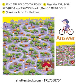 Find the way, fox, bear, hedgehog and raccoon, gather 10 mushrooms. Count the birds in the trees. Math for Kids. Vector games and illustrations.