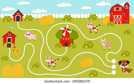 Find way game for kids with dog and farm themed elements, barn and windmill, doghouse and haystack, printable worksheet with farming