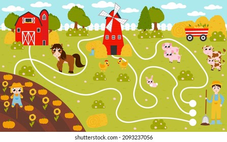 Find way game for kids with farmer and horse, barn and windmill, harvest and animals, printable worksheet with farm theme in cartoon style