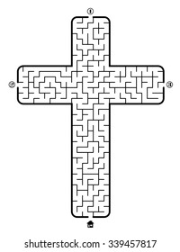 Find way to the home in labyrinth on theme Christian cross. 3 entrances and only one correct path. Vector illustration on white background.