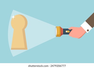 Find way out of difficult situation or solution to problem, secret key to achieve heights in business, motivation to discover new opportunities, a big hand shines a flashlight on the keyhole.