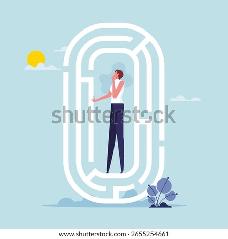 Find way out of difficult situation or solving business problem concept, businesswoman in the middle of maze labyrinth finding exit or the way out