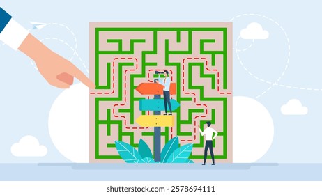 Find the way and right solution for exit. Way choosing, Complicated decision concept with confused business people stand at road pointer. Labyrinth entrance. Hard directions. Vector illustration