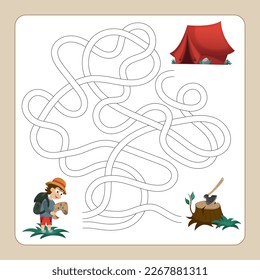 Find a way to the tent. Educational worksheet. Logic game for children. Labyrinth. Choose the right path.