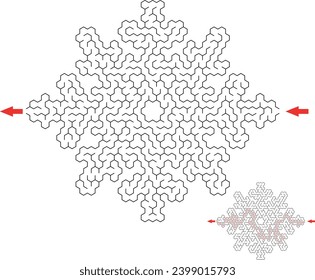 Find the way through the snowflake labyrinth. Medium difficulty puzzle. Creative Christmas flat maze related to frost, winter, new year, cold temperature. Simple vector style.