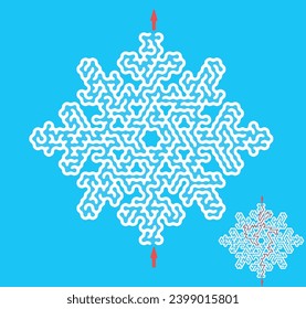 Encuentra el camino a través del laberinto de copos de nieve. Rompecabezas de dificultad media. Creativo laberinto plano de Navidad relacionado con heladas, invierno, año nuevo, temperatura fría. Estilo vectorial simple.