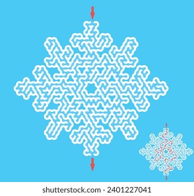 Encuentra el camino a través del laberinto de copos de nieve. Rompecabezas de dificultad media. Creativo laberinto plano de Navidad relacionado con heladas, invierno, año nuevo, temperatura fría. Estilo vectorial simple.