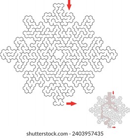 Find the way through the snowflake labyrinth. Medium difficulty puzzle. Creative Christmas flat maze related to frost, winter, new year, cold temperature. Simple vector style.