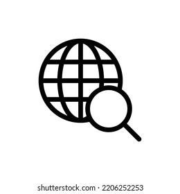 Find website icon with globe and magnifying glass in black outline style